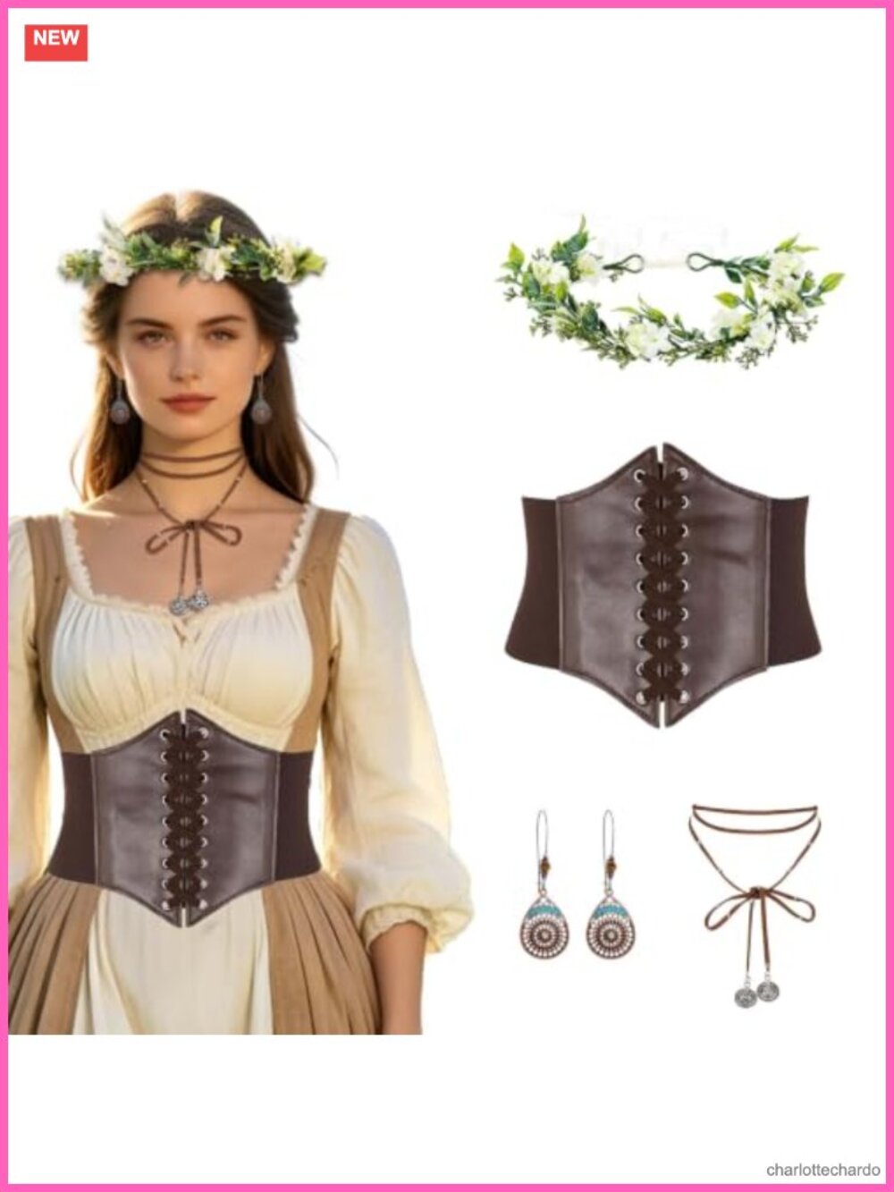 Renaissance Costume Accessory Set Women Faux Leather Corset Belt Floral Crown